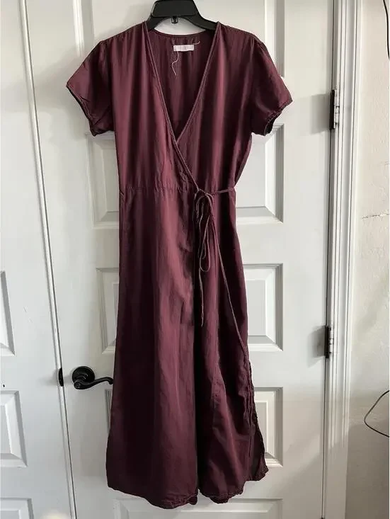 Outerknown Luna Wrap Dress In Plum Women Sz M Organic Cotton Midi Boho - Picture 2 of 9